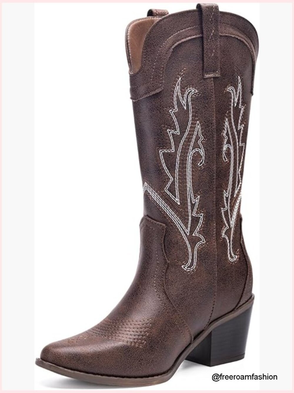 Pointed Toe Mid-Calf Cowboy Boots Embroidered Chunky Heel Pull-On Western